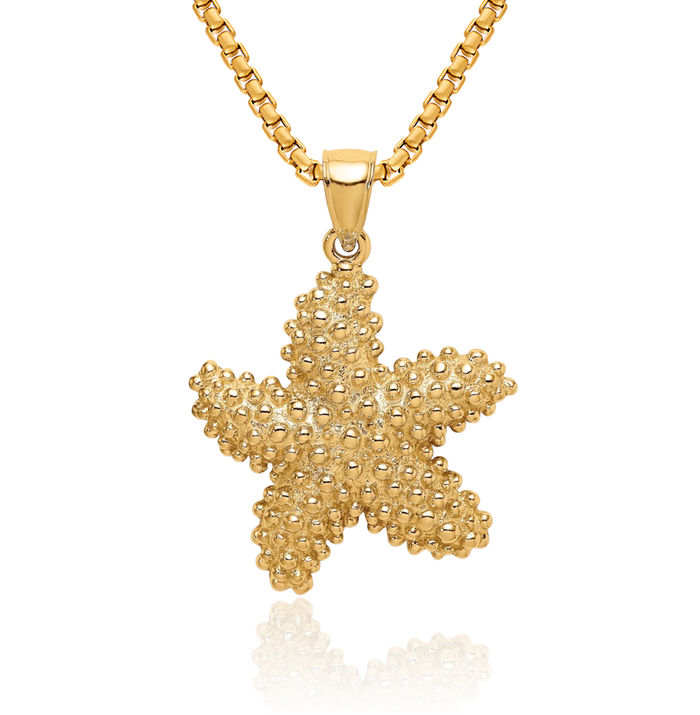 14K Solid Yellow Gold Starfish Necklace Chain Pendant Charm