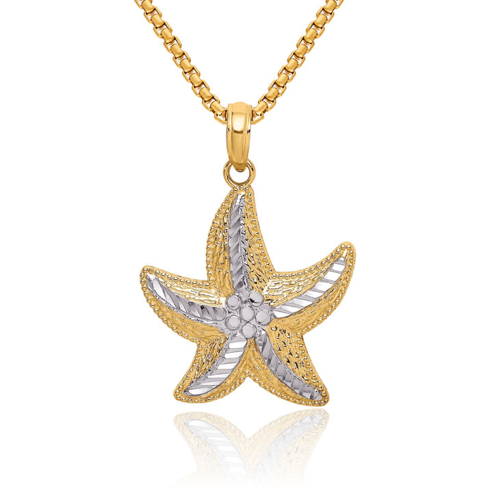 14K Solid Yellow Gold Starfish Necklace Chain Pendant Charm