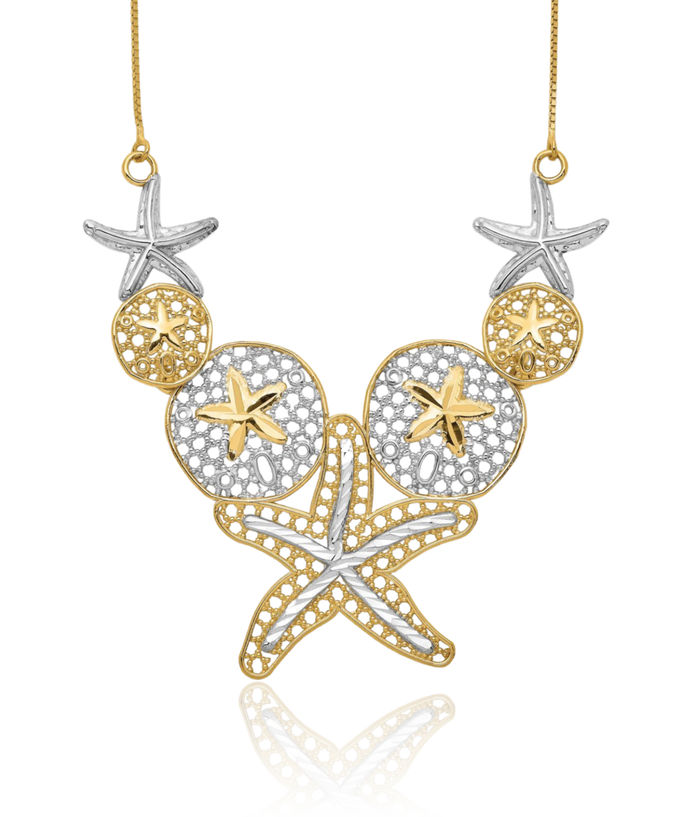 14K Solid Yellow Gold Starfish Sand Dollar Sea Star Chain Necklace