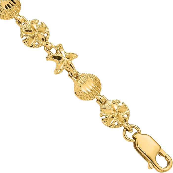 14K Solid Yellow Gold Starfish Sand Dollar Sea Star Shell Chain Charm Bracelet