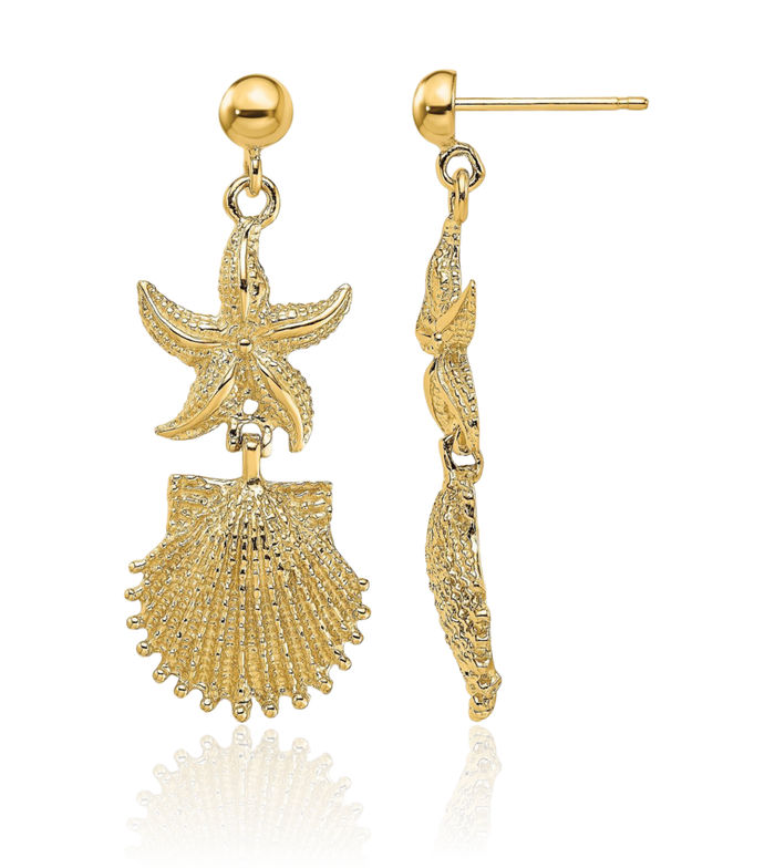 14K Solid Yellow Gold Starfish Scallop Shell Drop Dangle Earrings