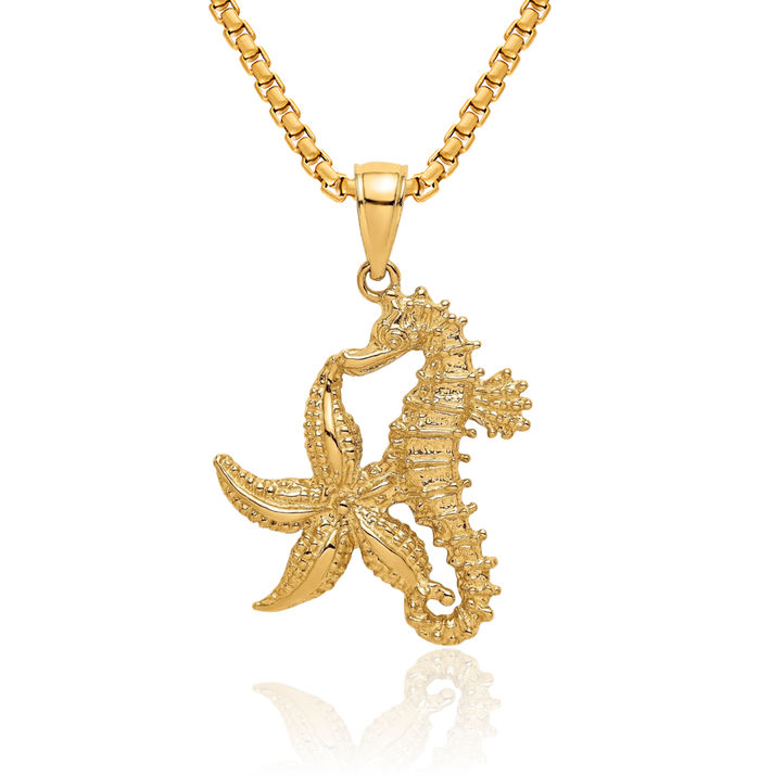 14K Solid Yellow Gold Starfish Seahorse Necklace Chain Pendant Charm