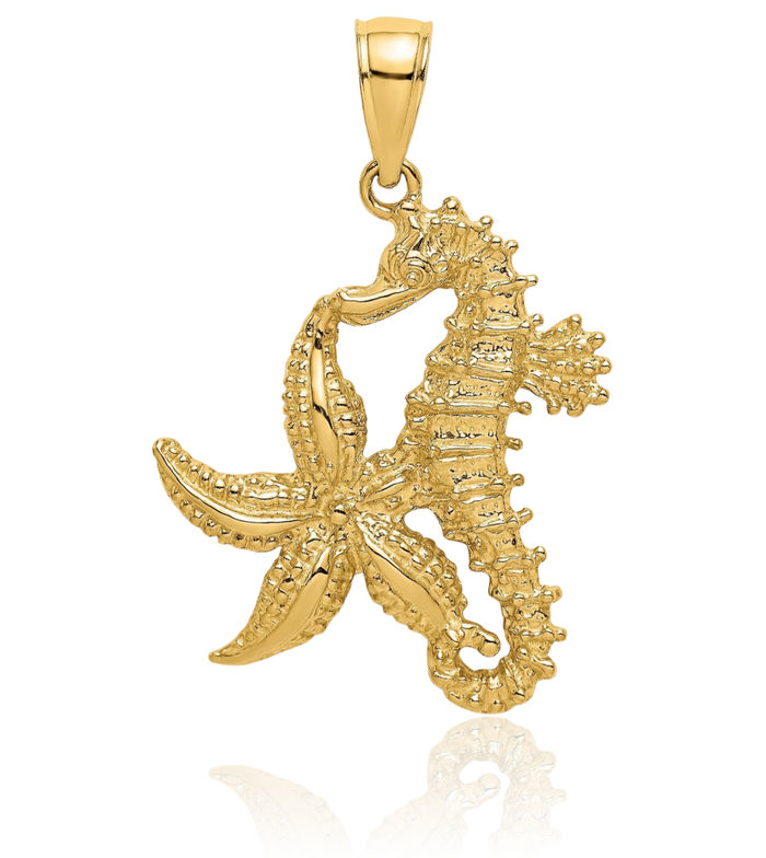 14K Solid Yellow Gold Starfish Seahorse Necklace Chain Pendant Charm