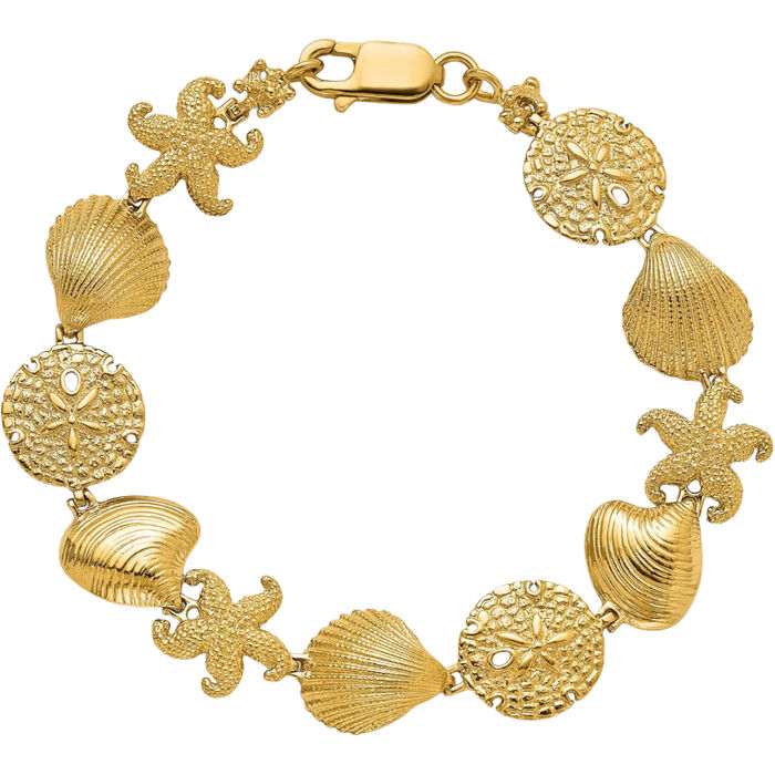 14K Solid Yellow Gold Starfish Shell Clam Link Chain Charm Bracelet