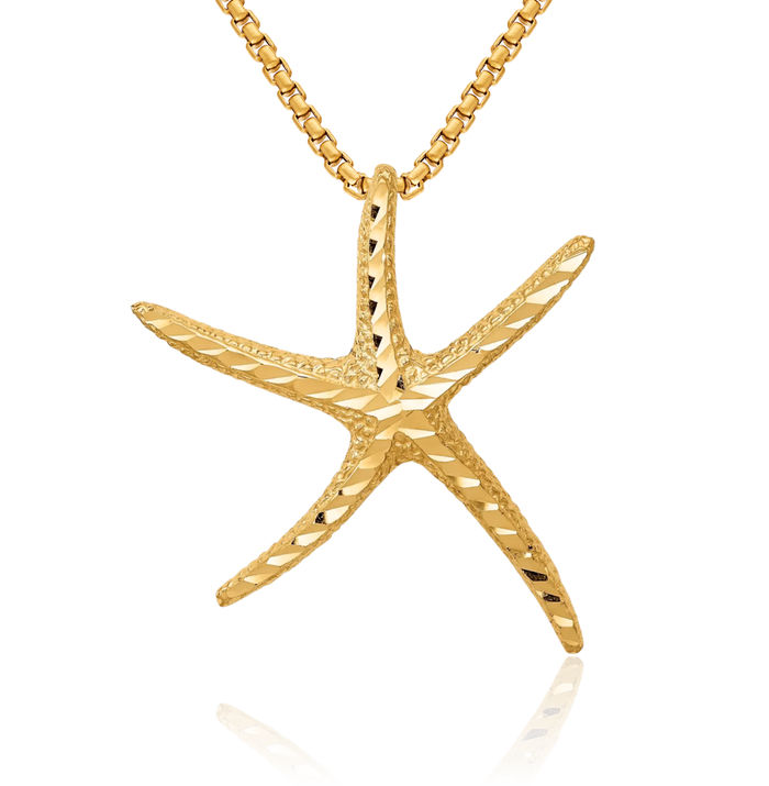 14K Solid Yellow Gold Starfish Slide Chain Necklace Pendant Charm