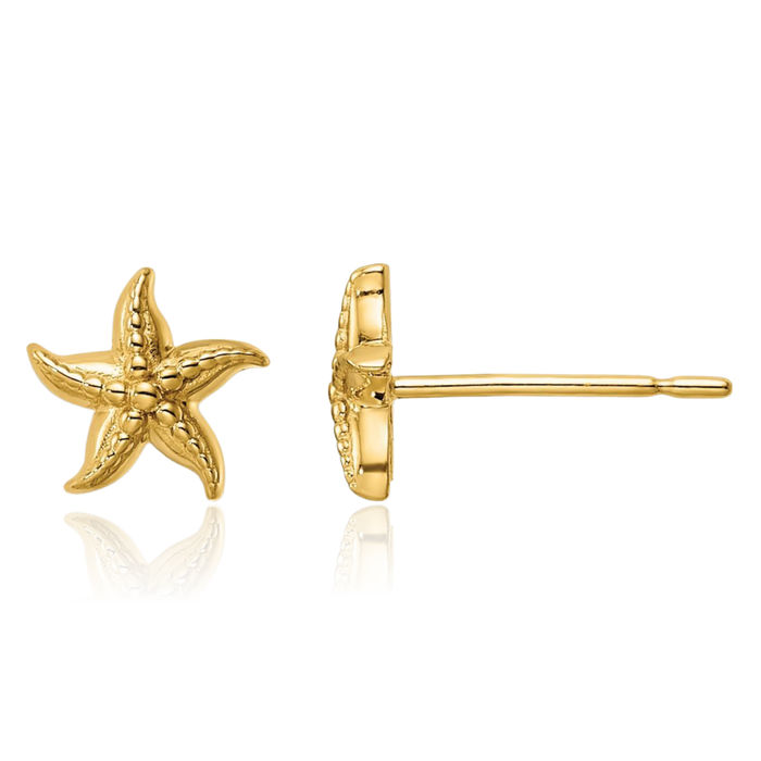 14K Solid Yellow Gold Starfish Stud Earrings