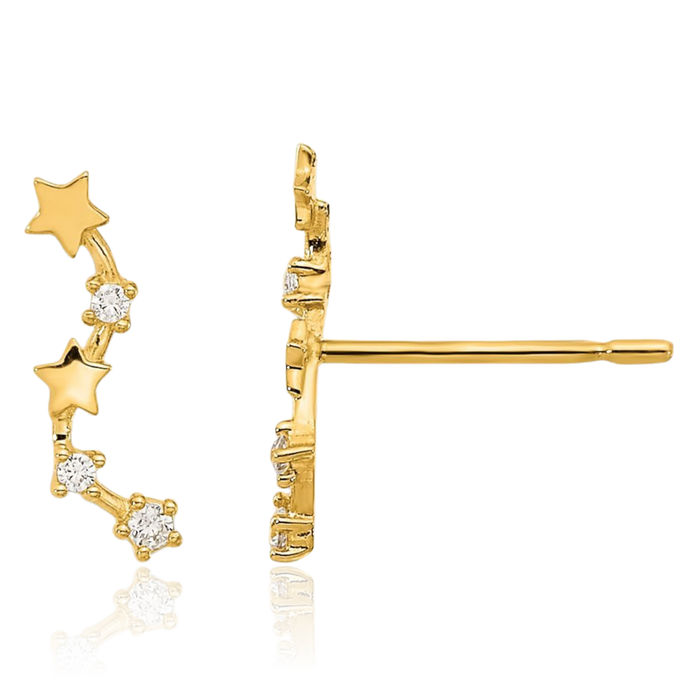 14K Solid Yellow Gold Stars Cubic Zirconia CZ Post Drop Dangle Earrings