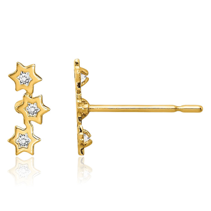 14K Solid Yellow Gold Stars Cubic Zirconia CZ Stud Earrings