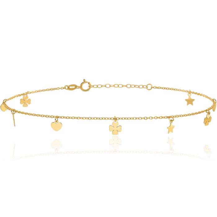 14K Solid Yellow Gold Stars Heart Lucky Clover Shamrock Flower Leaf Anklet Summer Beach Foot Ankle Bracelet