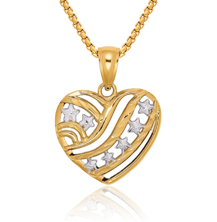 14K Solid Yellow Gold Stars Heart Necklace Love Pendant Charm