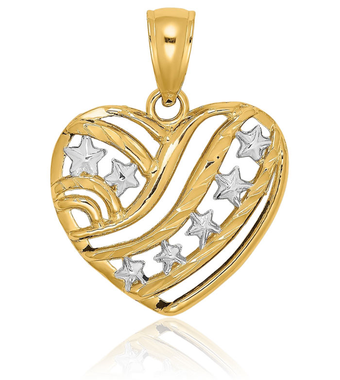 14K Solid Yellow Gold Stars Heart Necklace Love Pendant Charm