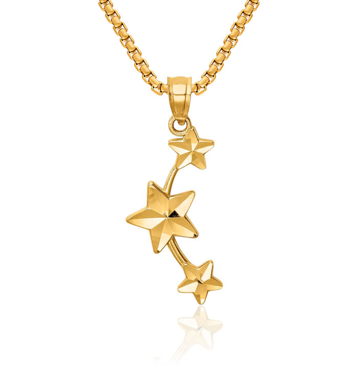 14K Solid Yellow Gold Stars Necklace Chain Pendant Charm