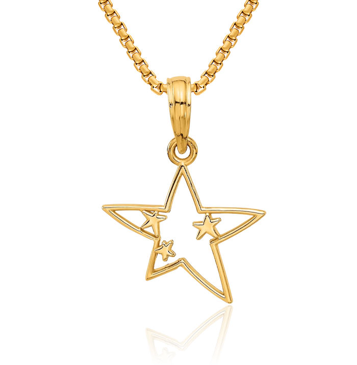 14K Solid Yellow Gold Stars Necklace Chain Pendant Charm