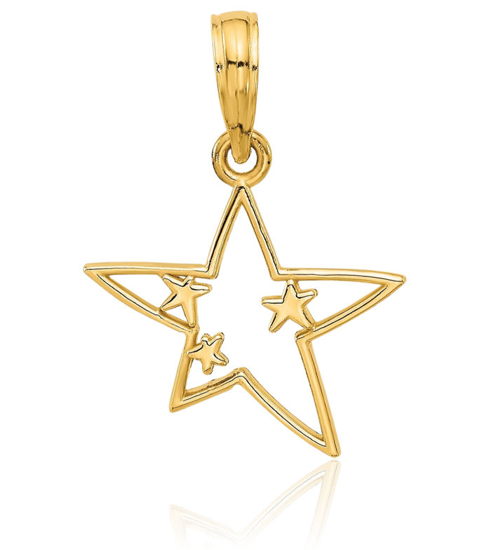 14K Solid Yellow Gold Stars Necklace Chain Pendant Charm