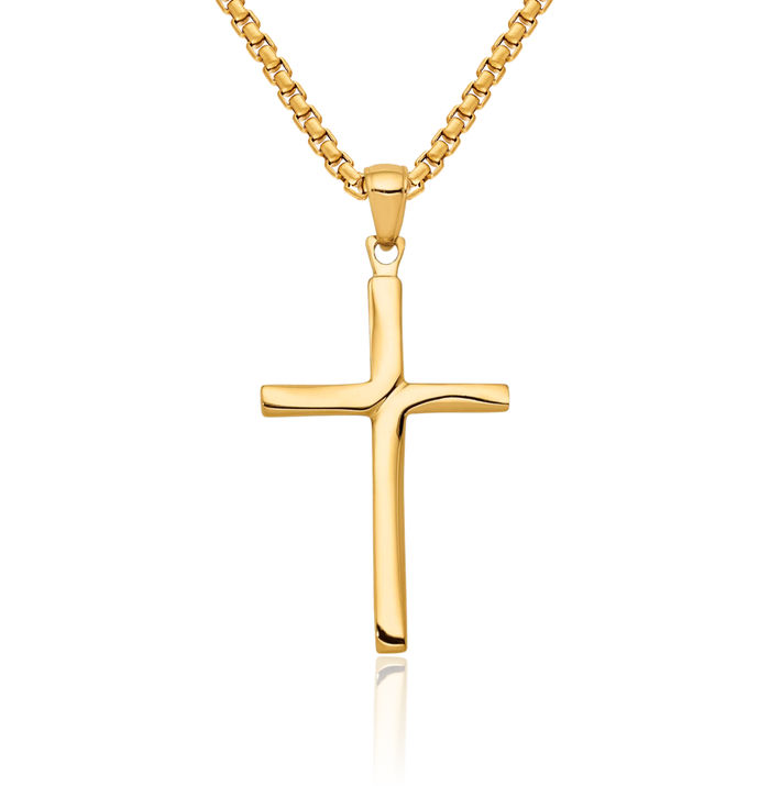 14K Solid Yellow Gold Stick Latin Mexican Holy Cross Necklace Religious Chain Pendant Jesus Christ Charm