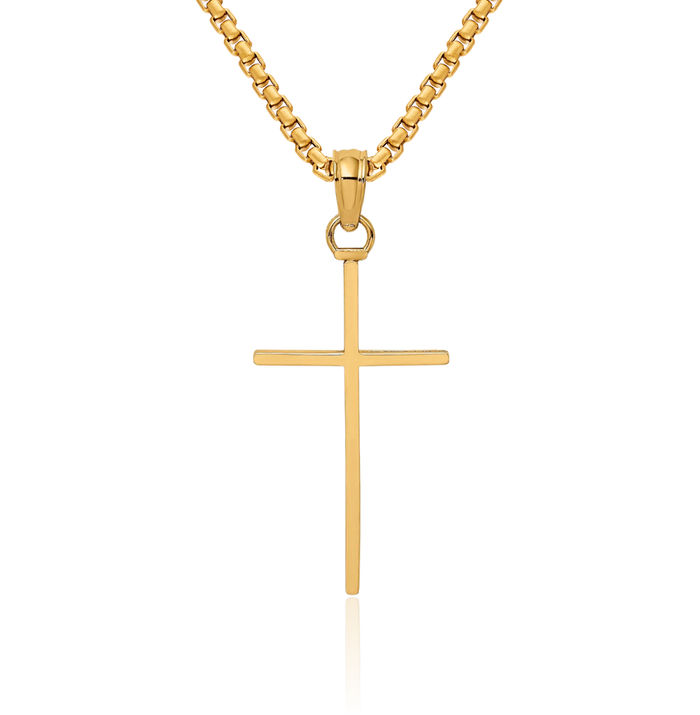 14K Solid Yellow Gold Stick Latin Mexican Holy Cross Necklace Religious Chain Pendant Jesus Christ Charm