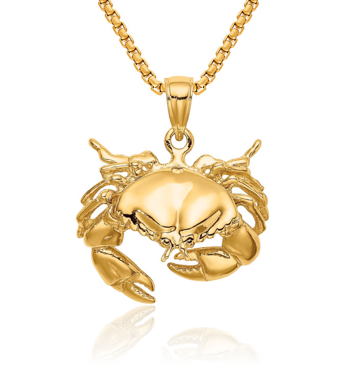 14K Solid Yellow Gold Stone Crab Claw Necklace Chain Pendant Charm