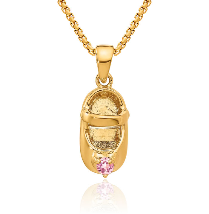 14K Solid Yellow Gold Synthetic Stone Engraveable Shoe Necklace Chain Pendant Charm October Birthstone Jewelry