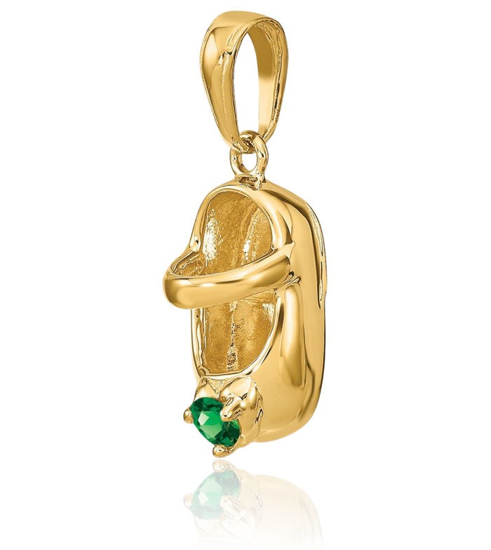 14K Solid Yellow Gold Synthetic Stone Engraveable Shoe Necklace Chain Pendant Charm May Birthstone Jewelry