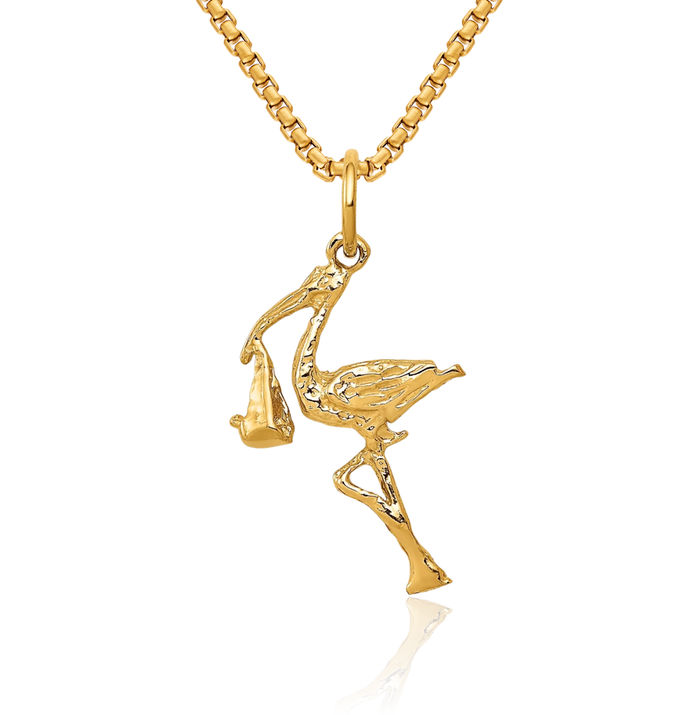 14K Solid Yellow Gold Stork Necklace Chain Pendant Charm