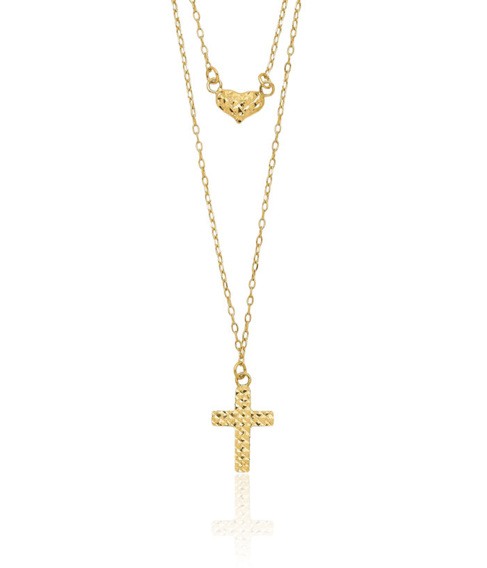 14K Solid Yellow Gold Strand Holy Cross Heart Layering Necklace Love Pendant Friendship Charm Chain