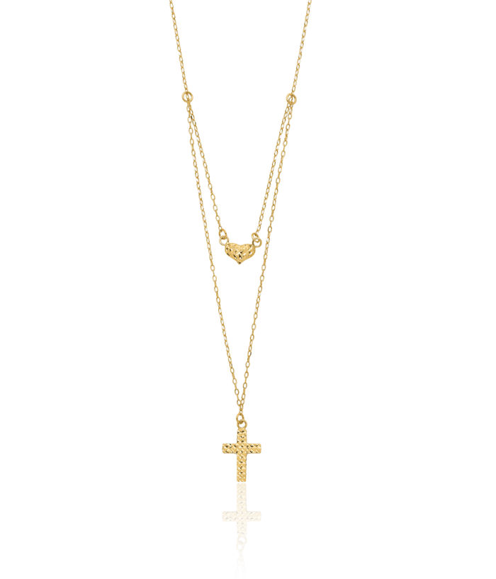 14K Solid Yellow Gold Strand Holy Cross Heart Layering Necklace Love Pendant Friendship Charm Chain