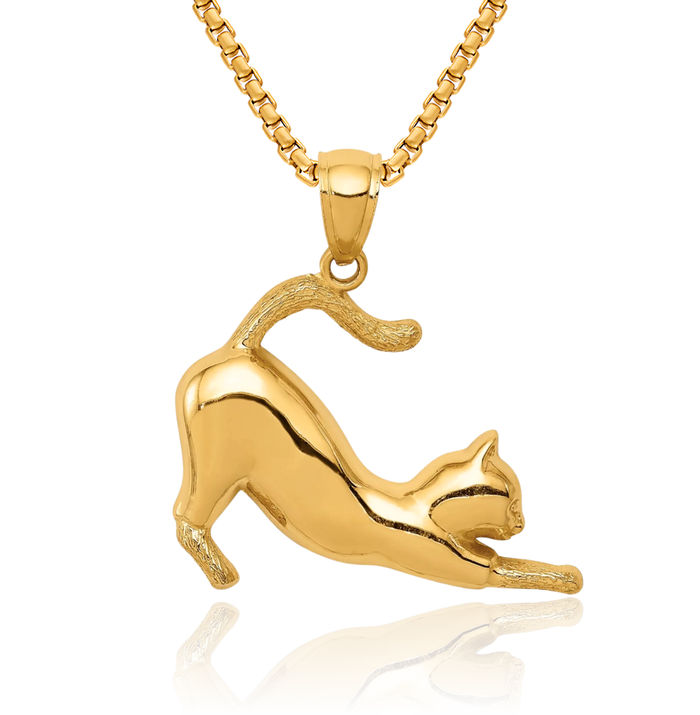 14K Solid Yellow Gold Stretching Cat Necklace Chain Pendant Charm