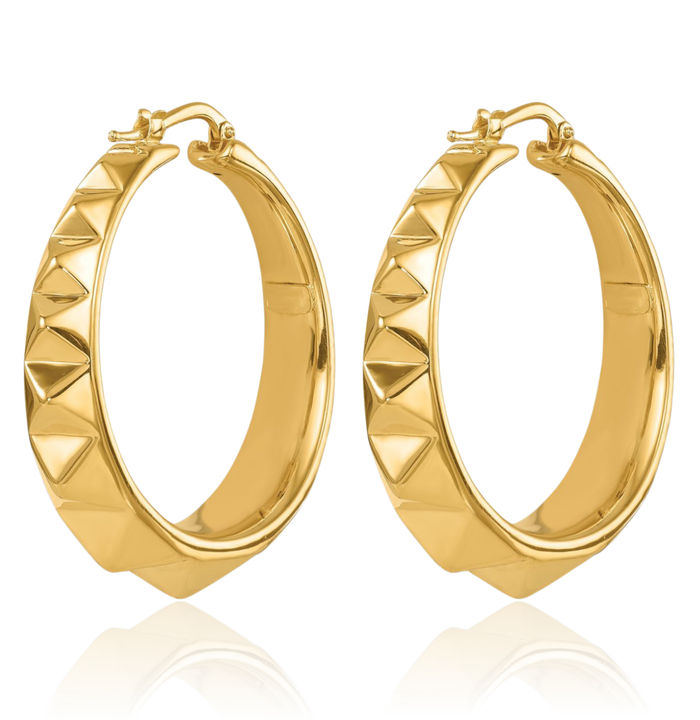 14K Solid Yellow Gold Studded Graduated Round Large Hoop Earrings