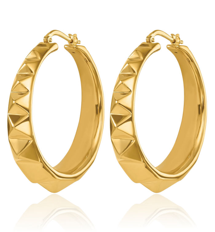 14K Solid Yellow Gold Studded Graduated Round Large Hoop Earrings