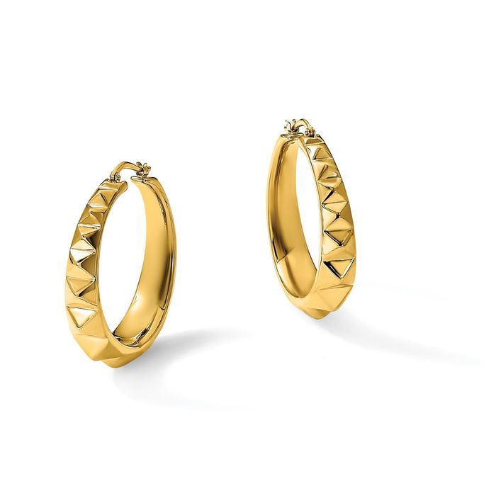 14K Solid Yellow Gold Studded Graduated Round Large Hoop Earrings