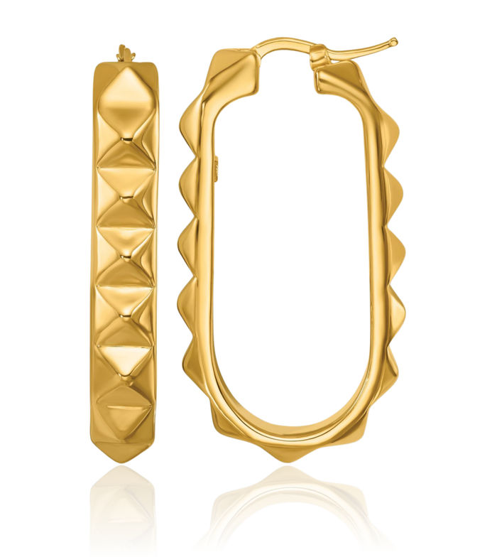 14K Solid Yellow Gold Studded Oval Large Hoop Earrings