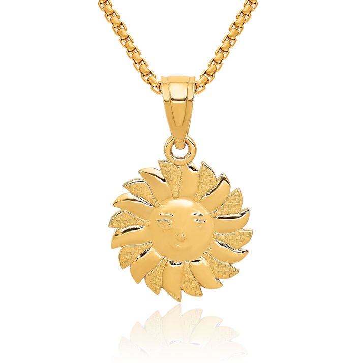 14K Solid Yellow Gold Sun Face Necklace Chain Pendant Charm