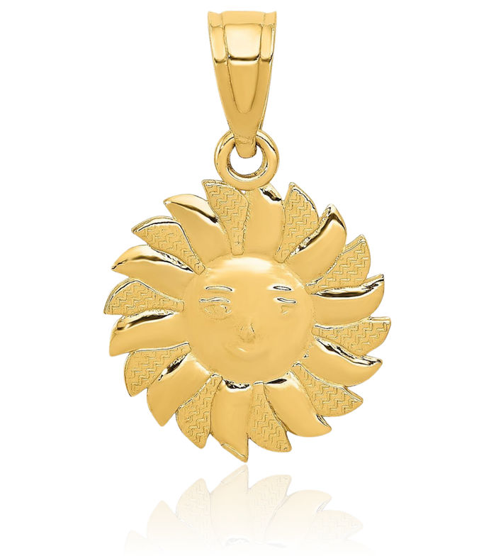 14K Solid Yellow Gold Sun Face Necklace Chain Pendant Charm