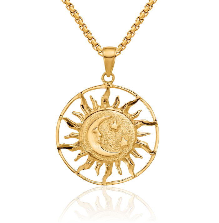 14K Solid Yellow Gold Sun Crescent Moon Stars Necklace Chain Pendant Charm