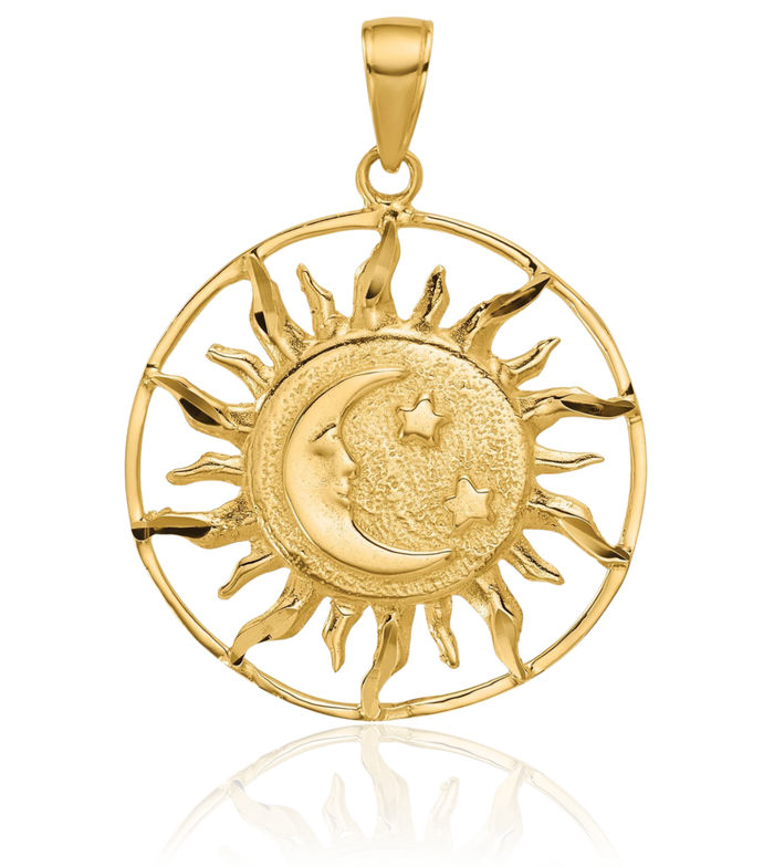 14K Solid Yellow Gold Sun Crescent Moon Stars Necklace Chain Pendant Charm