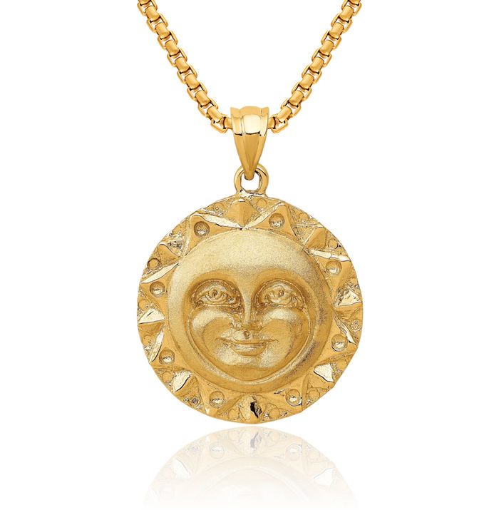 14K Solid Yellow Gold Sun Necklace Sunshine Pendant Sunburst Charm Celestial Jewelry