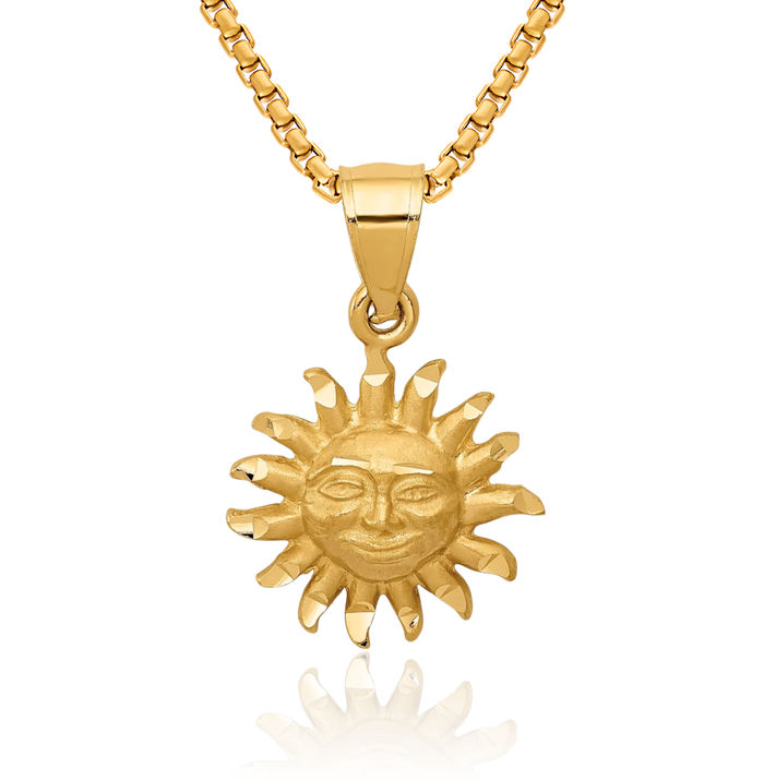 14K Solid Yellow Gold Sun Necklace Sunshine Pendant Sunburst Charm Celestial Jewelry