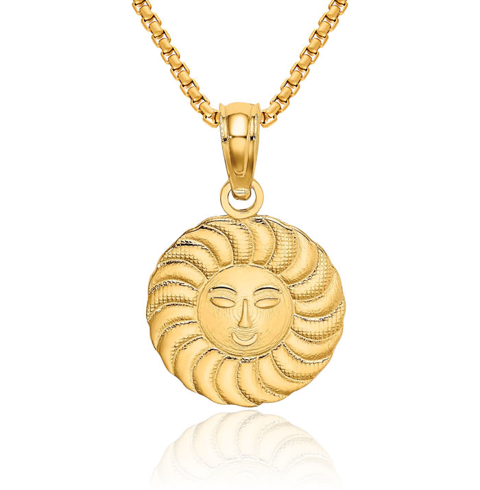 14K Solid Yellow Gold Sun Necklace Sunshine Pendant Sunburst Charm Celestial Jewelry