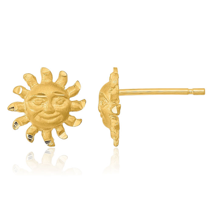 14K Solid Yellow Gold Sun Stud Earrings Celestial Jewelry