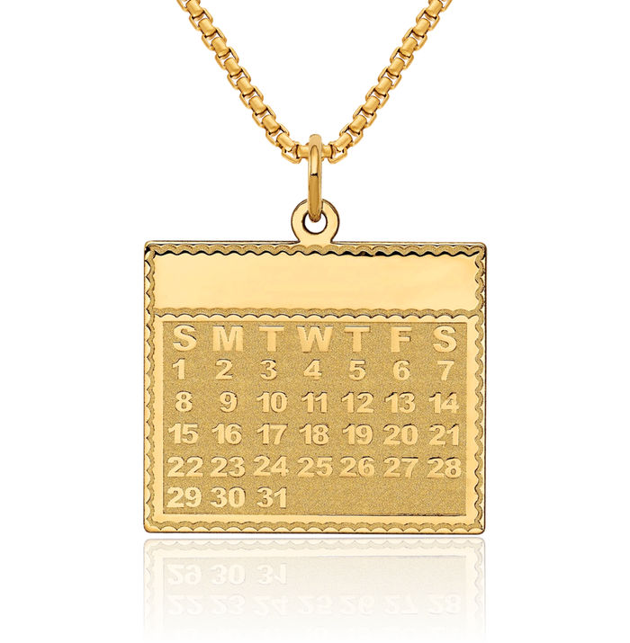 14K Solid Yellow Gold Sunday First Day Calendar Necklace Chain Pendant Charm