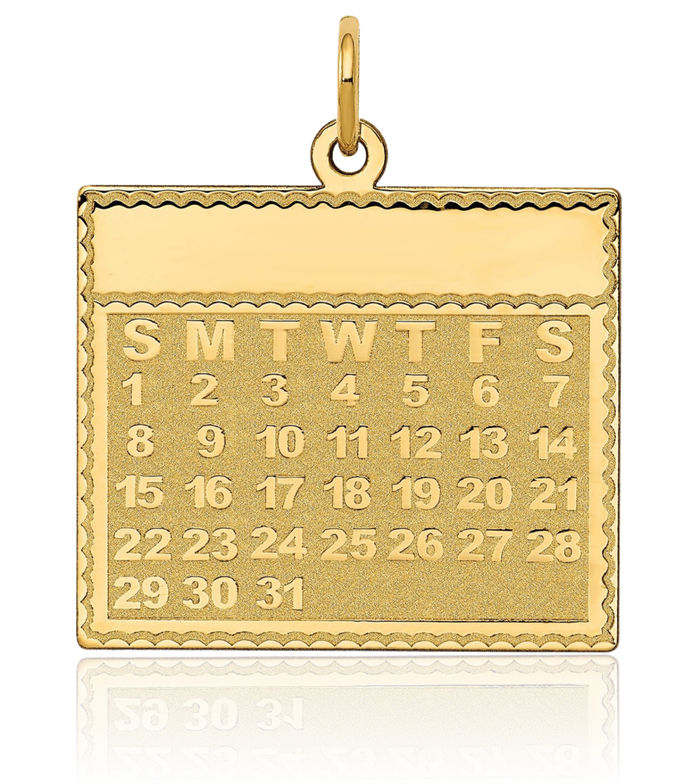 14K Solid Yellow Gold Sunday First Day Calendar Necklace Chain Pendant Charm