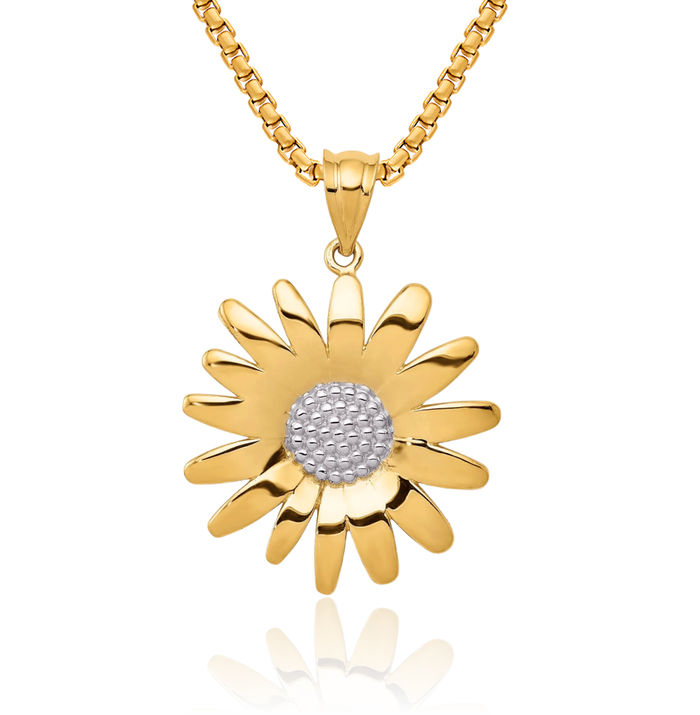 14K Solid Yellow Gold Sunflower Necklace Daisy Pendant Sunshine Summer Flowers Charm