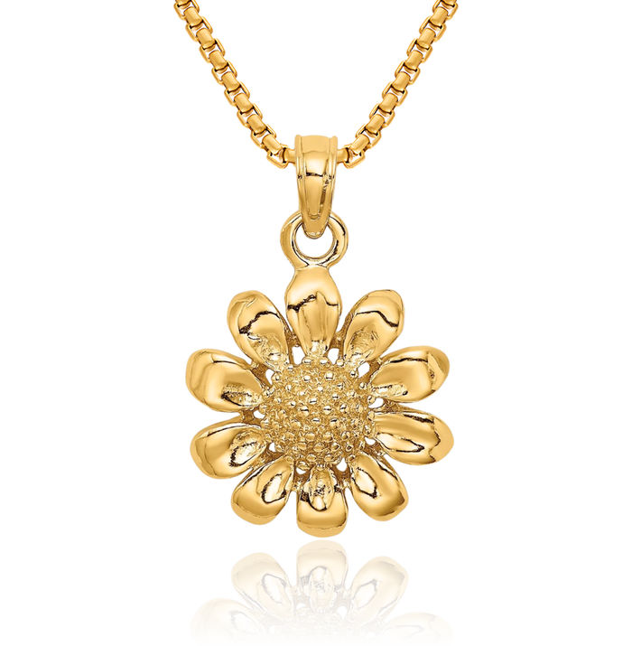 14K Solid Yellow Gold Sunflower Necklace Daisy Pendant Sunshine Summer Flowers Charm