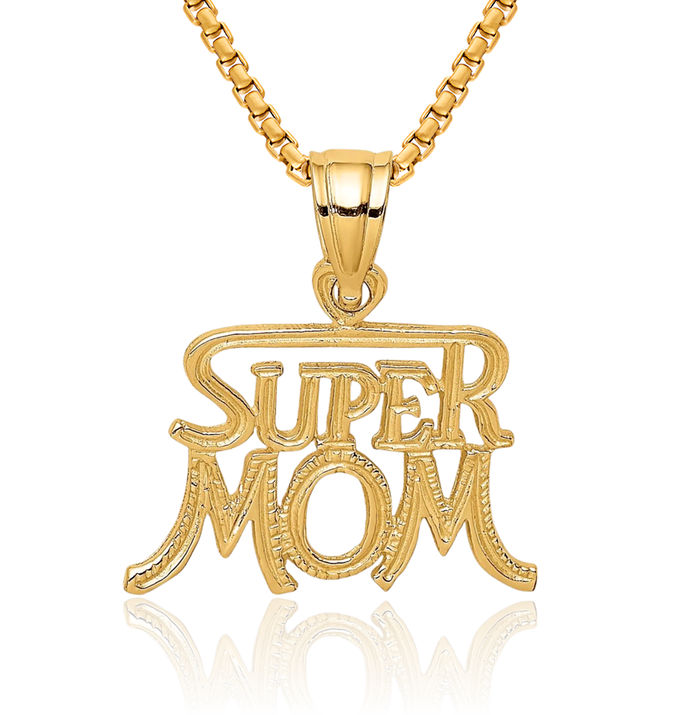 14K Solid Yellow Gold Super Mom Necklace Mama Charm Mother Pendant