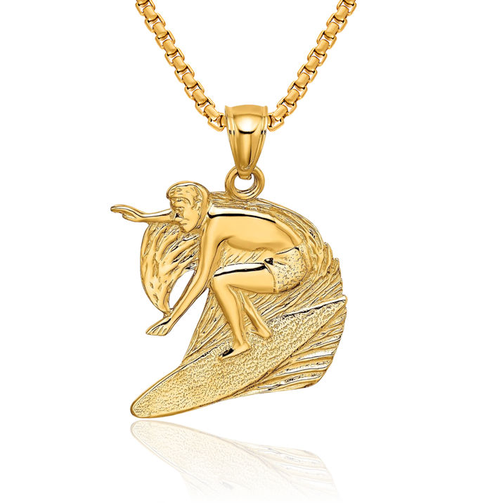 14K Solid Yellow Gold Surfer Wave Necklace Swimming Water Seashore Beach Life Charm Sports Pendant