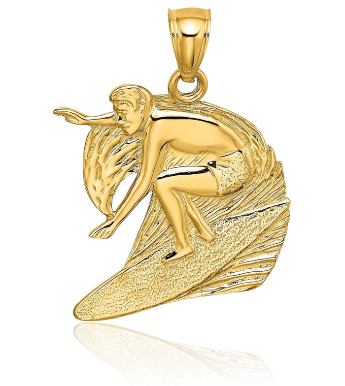 14K Solid Yellow Gold Surfer Wave Necklace Swimming Water Seashore Beach Life Charm Sports Pendant