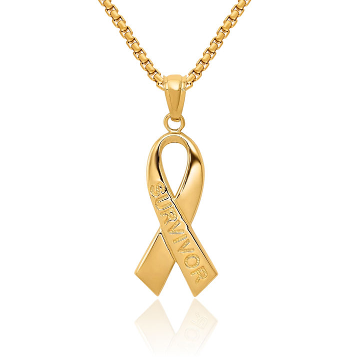 14K Solid Yellow Gold Survivor Cancer Awareness Ribbon Necklace Chain Pendant Charm