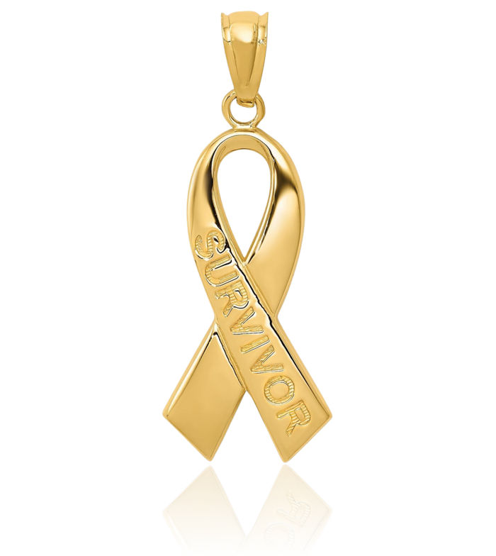 14K Solid Yellow Gold Survivor Cancer Awareness Ribbon Necklace Chain Pendant Charm