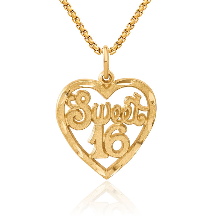 14K Solid Yellow Gold Sweet 16 Years Old Birthday Heart Necklace Love Pendant Charm