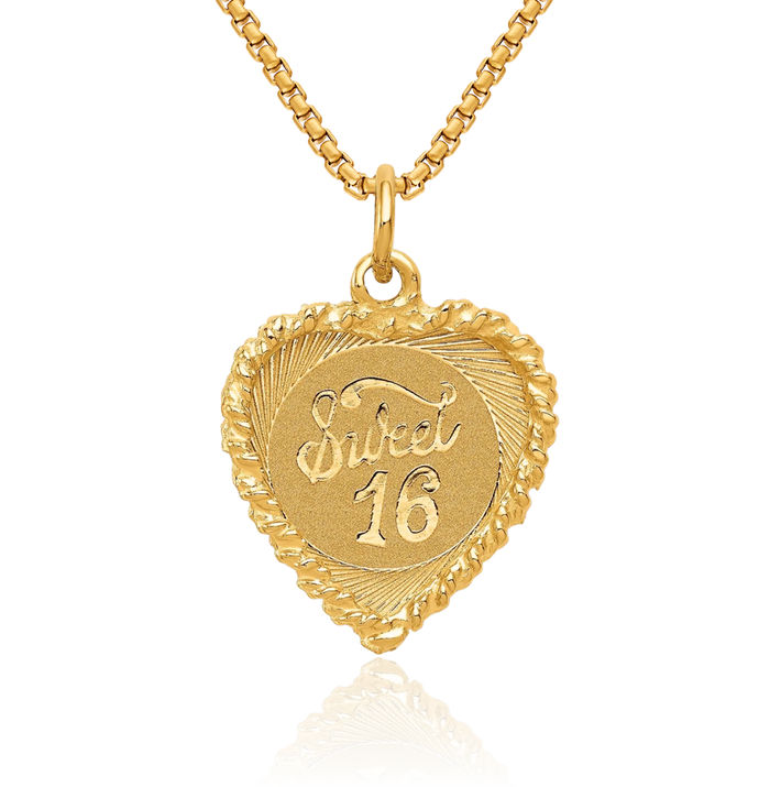 14K Solid Yellow Gold Sweet 16 Years Old Birthday Heart Necklace Love Pendant Charm